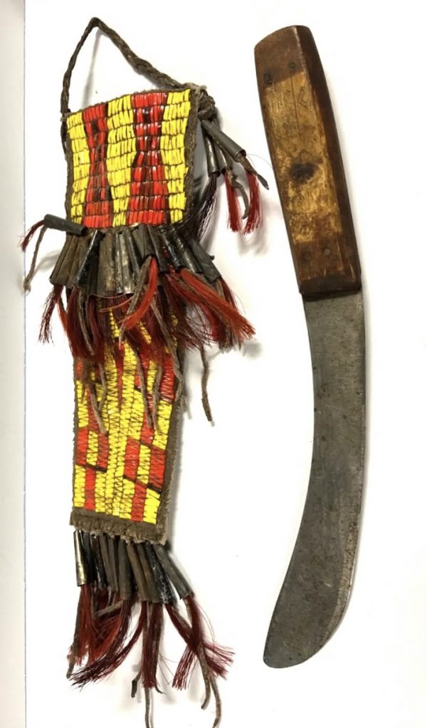 Vintage Native American Indian Knife Sheath; Porcupine Quills; Knife; Tin Cones