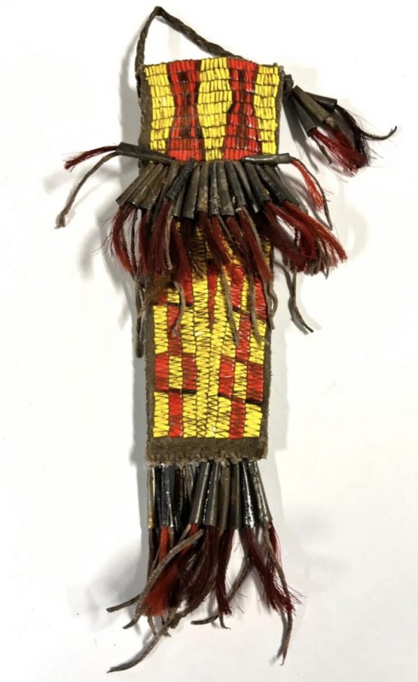 Vintage Native American Indian Knife Sheath; Porcupine Quills; Knife; Tin Cones - Image 3