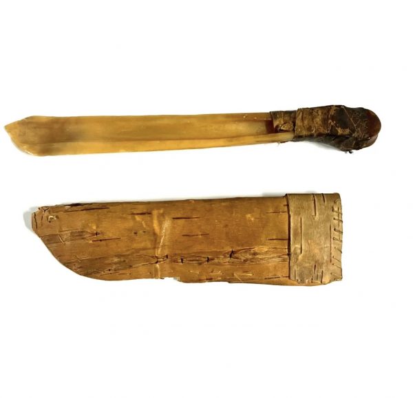 Original Native American Indian Animal Bone Knife; with Rare Birch Bark Scabbard