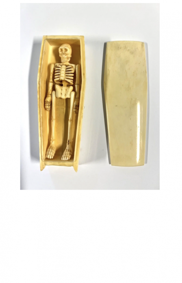 Antique Mori Coffin & Matching Skeleton With Movable Parts; Bakelite or Catalin